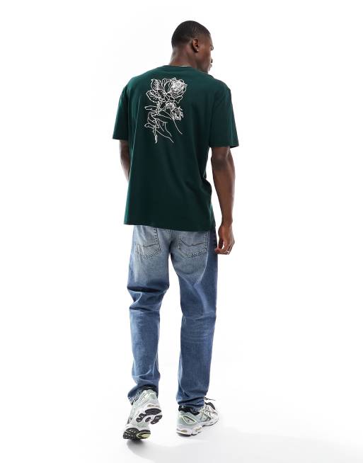 ASOS DESIGN relaxed t-shirt in dark green with rose line drawing print, 3 of 4