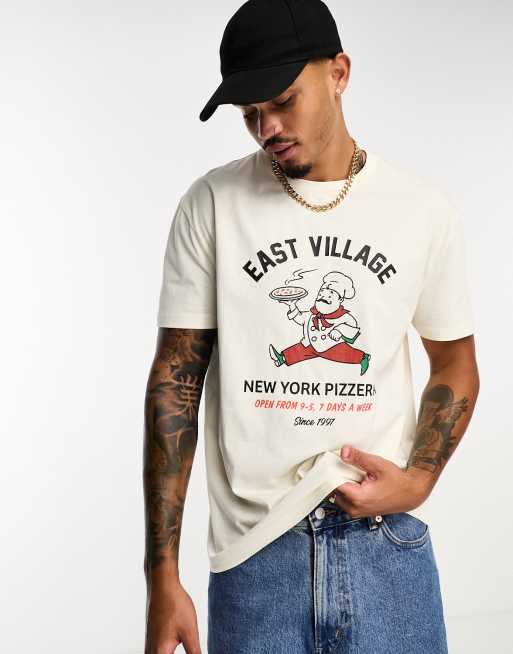 ASOS DESIGN relaxed t-shirt in ecru with pizza chest | ASOS