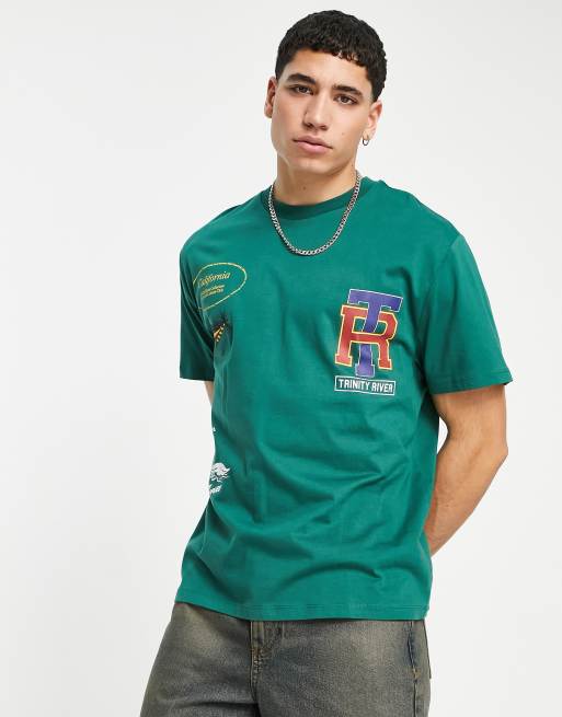 ASOS DESIGN relaxed t-shirt in green with all over varsity prints | ASOS