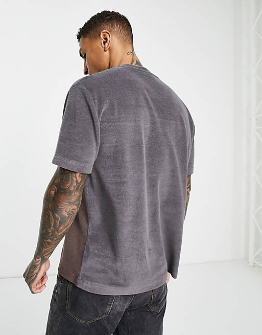  relaxed t-shirt in grey towelling colour block with varsity print 