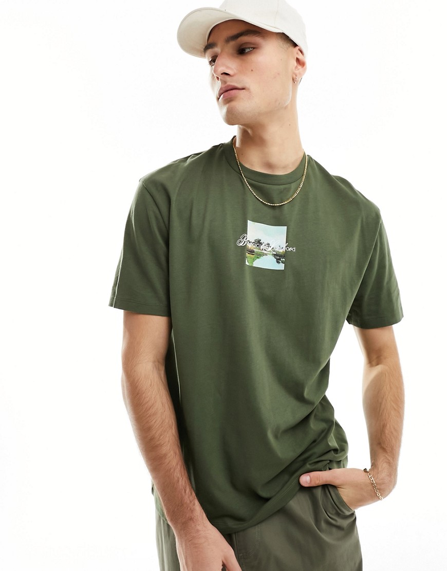 ASOS DESIGN relaxed t-shirt in khaki with chest scenic print-Black