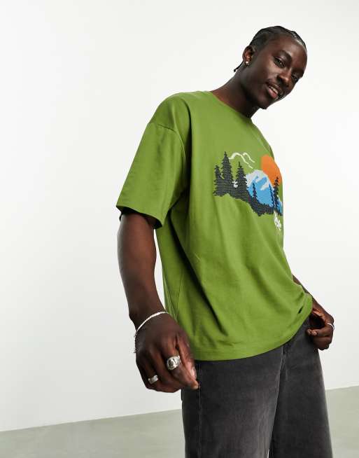 ASOS DESIGN relaxed T shirt in khaki with embroidery mountain scene