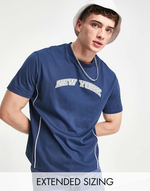 ASOS DESIGN relaxed T-shirt in navy with piping and New york city print 