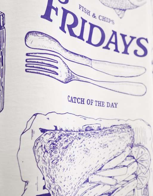 ASOS DESIGN relaxed t-shirt in off white with fish & chips back print, 3 of 4