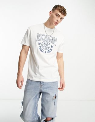 ASOS Design Oversized Baseball T-Shirt in Ecru with City Text Graphics-White