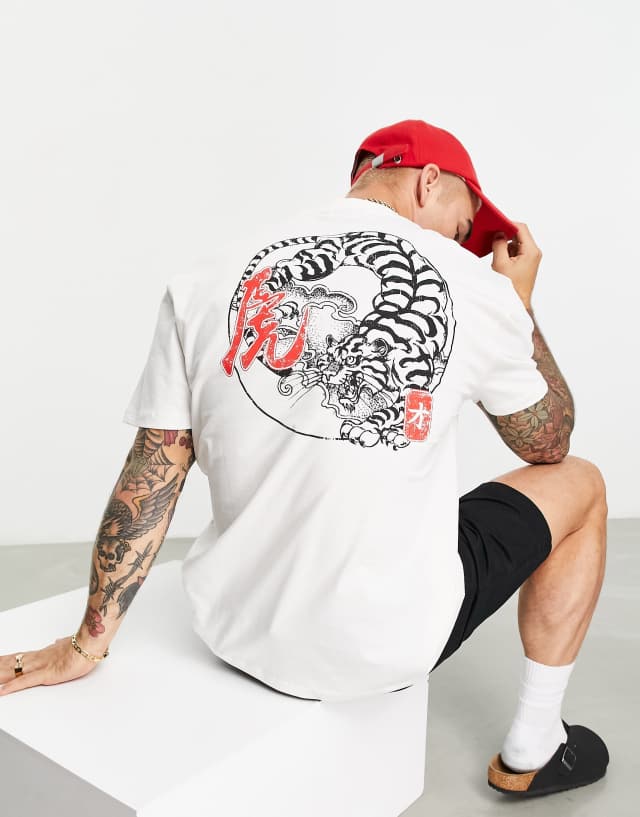 ASOS DESIGN relaxed t-shirt in off white with tiger back print