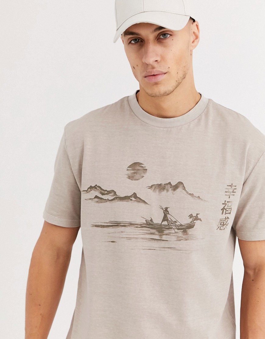 ASOS DESIGN relaxed t-shirt in organic cotton with scene print and wash-Beige