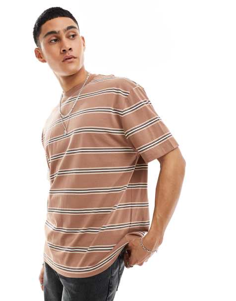 ASOS DESIGN relaxed t-shirt in stripe in brown - view 1