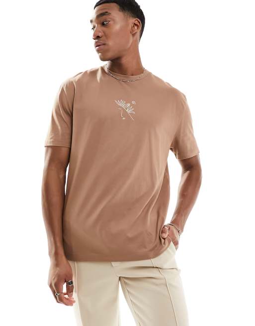 ASOS DESIGN relaxed T-shirt in tan with abstract chest print
