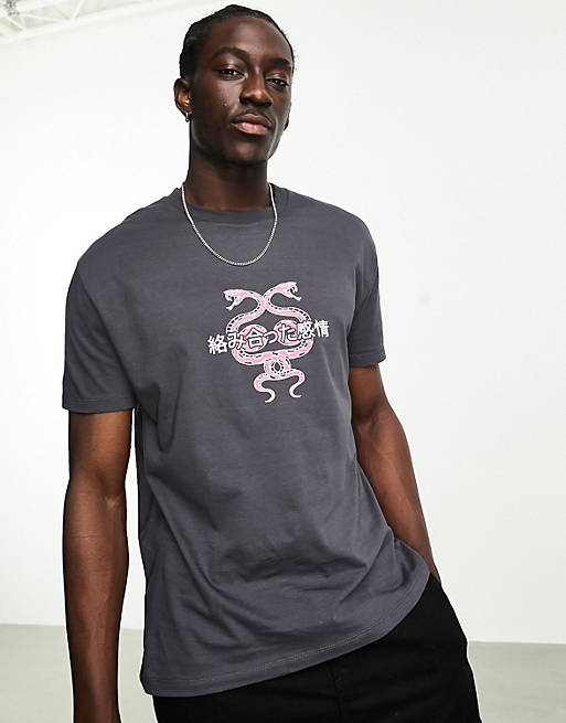 ASOS DESIGN relaxed t-shirt in washed black with snake chest print | ASOS