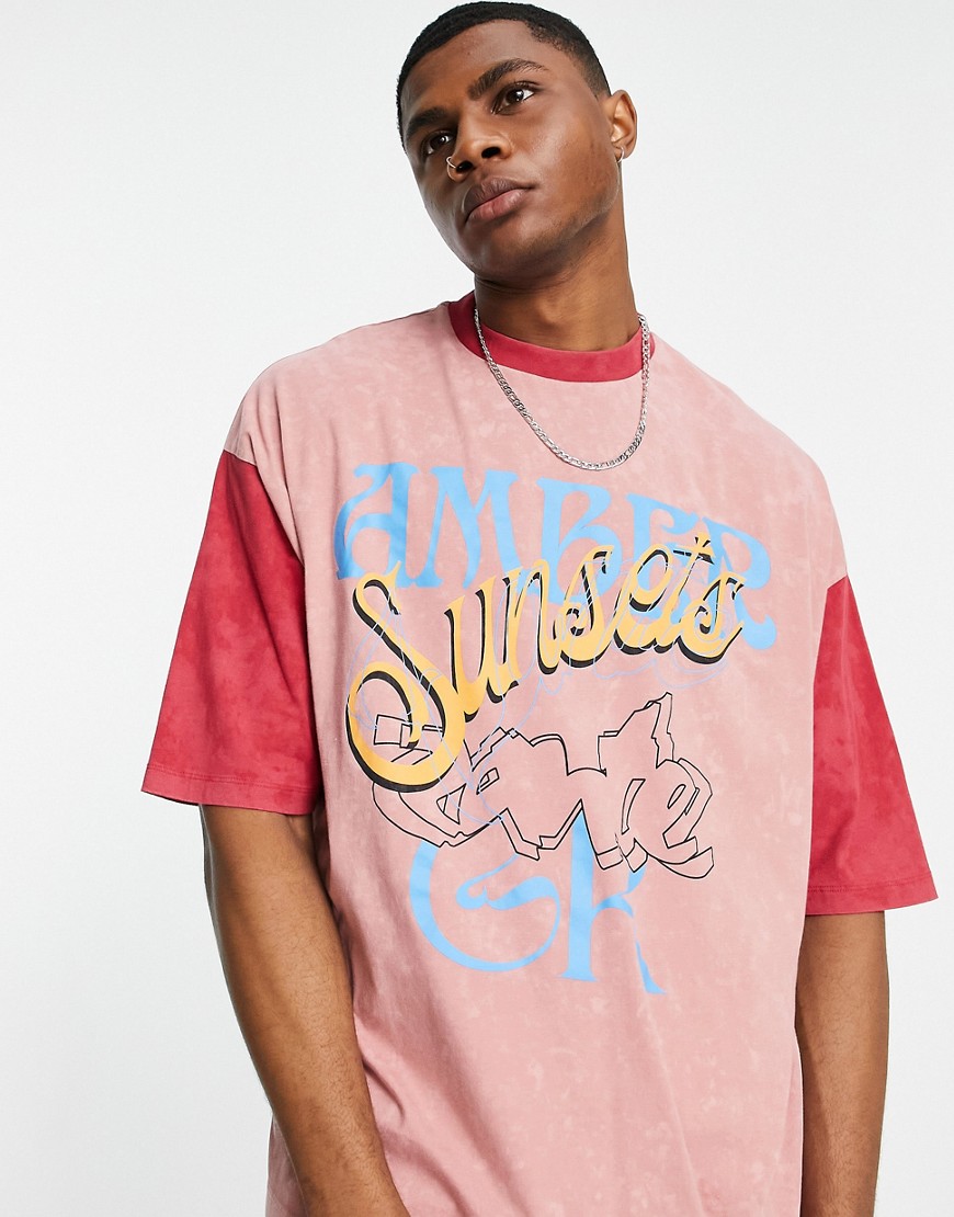 ASOS DESIGN relaxed t-shirt in washed pink color block with text print