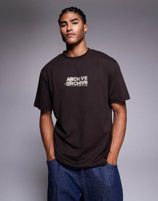 ASOS DESIGN relaxed t-shirt with archive text graphic in brown, 3 of 5