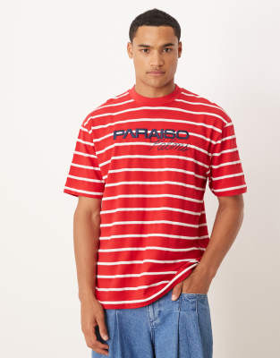 ASOS DESIGN relaxed t-shirt with athletic graphic in red and white stripes - view 1