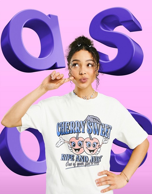 ASOS DESIGN relaxed t-shirt with cherry sweet print in ecru