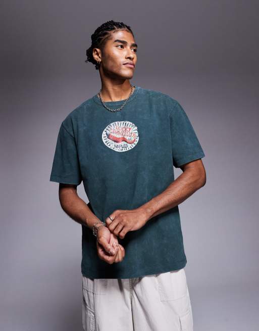 ASOS DESIGN relaxed t-shirt with chest graphic in heavyweight 220gsm washed dark green