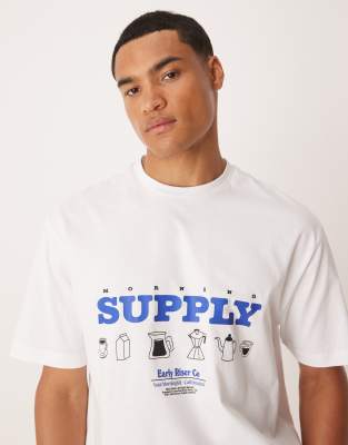 Asos Design Relaxed T-shirt With Coffee Shop Print In White