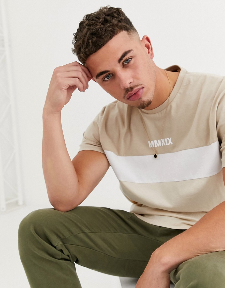 ASOS DESIGN relaxed t-shirt with colour block and roman numerals print-Beige