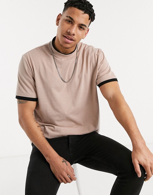 ASOS DESIGN relaxed t-shirt with double layer detail in beige marl