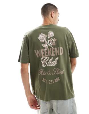 ASOS DESIGN relaxed t-shirt with floral back print in khaki-Green