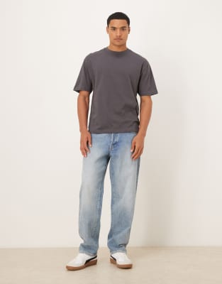 Asos Design Relaxed T-shirt With Flower Print In Gray