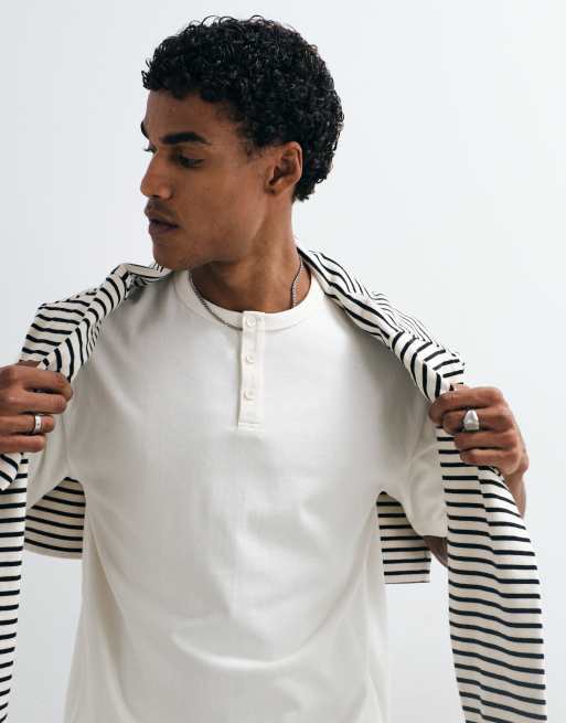ASOS DESIGN relaxed T-shirt with Henley in cream , 2 of 5
