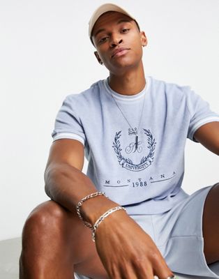 ASOS DESIGN relaxed t-shirt with Montana city print in light blue towelling
