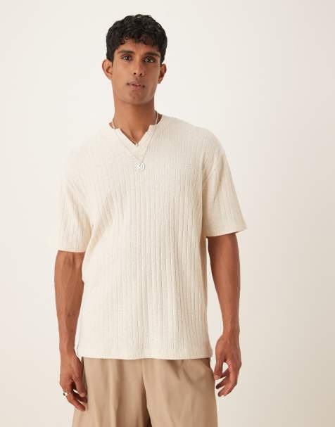 ASOS DESIGN relaxed t-shirt with notch detail in beige - view 1
