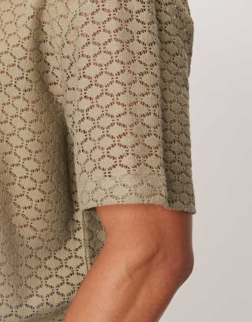 ASOS DESIGN relaxed T-shirt with notch neck in khaki crochet, 5 of 5