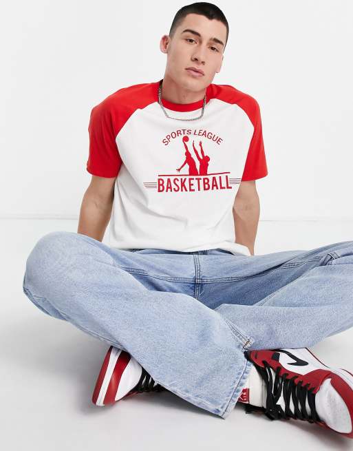 ASOS DESIGN relaxed T-shirt with raglan sleeves in red and white with varsity print