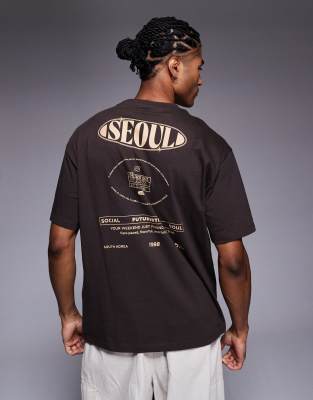 Asos Design Relaxed T-shirt With Seoul Graphic In Brown
