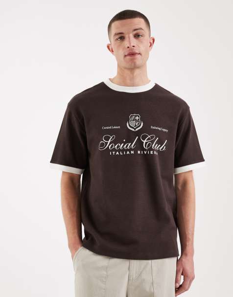 ASOS DESIGN relaxed t-shirt with football graphic in brown waffle fabric