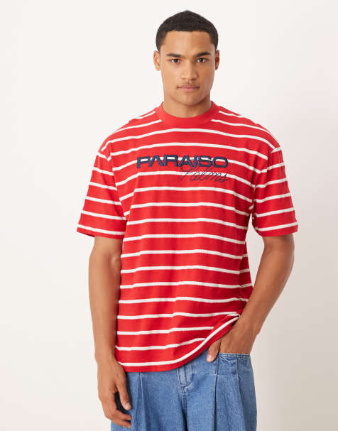 ASOS DESIGN relaxed t-shirt with sports graphic in red and white stripe - view 1