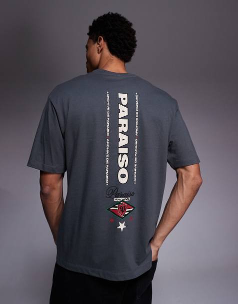 ASOS DESIGN relaxed t-shirt with text and emblem spine graphic in dark grey - view 1