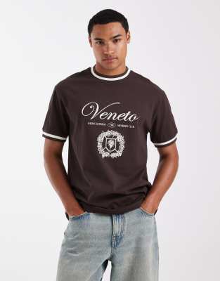 Asos Design Relaxed T-shirt With Tipping Detail And Embroidered Graphic In Brown