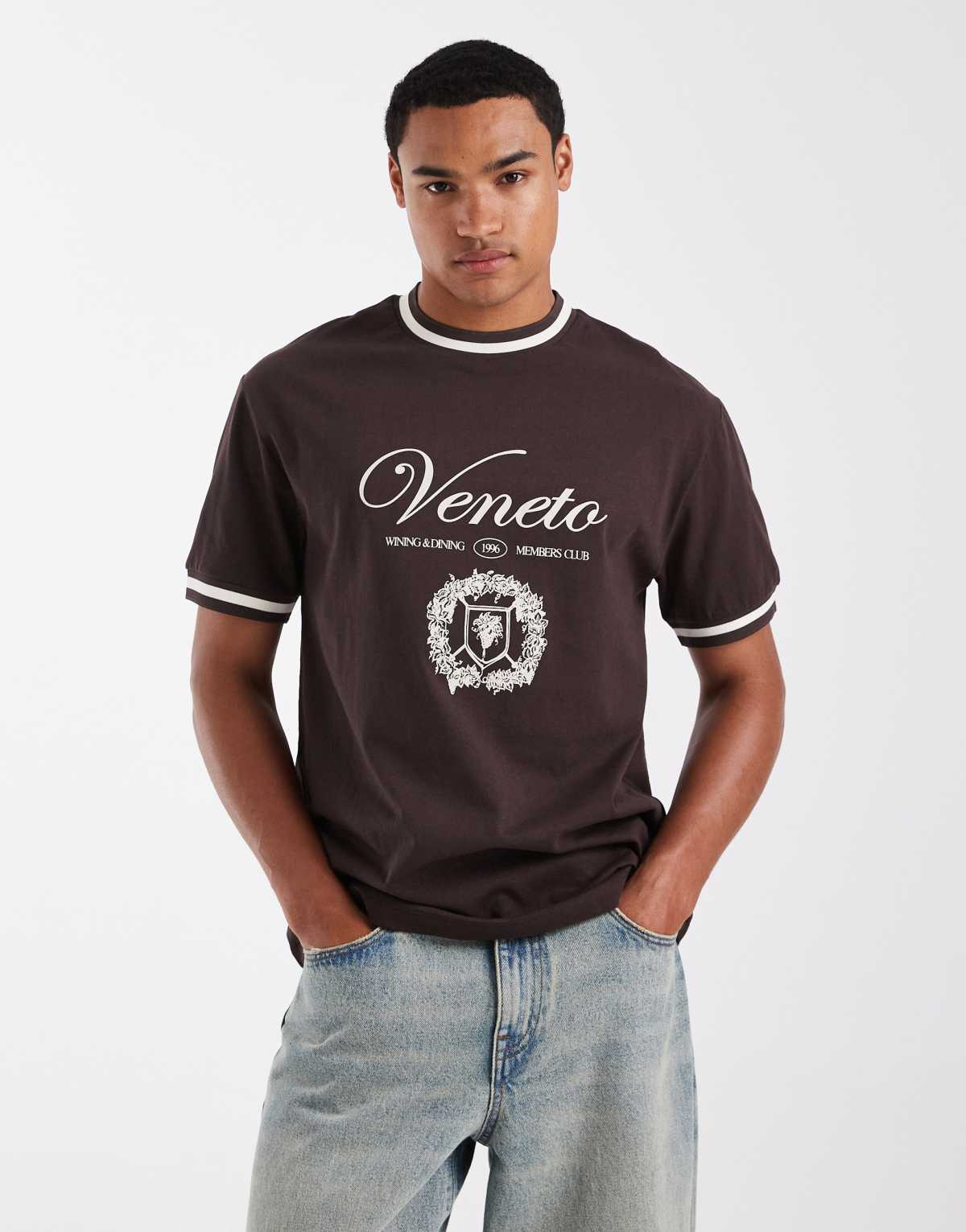 ASOS DESIGN relaxed t-shirt with tipping detail and embroidered graphic in brown