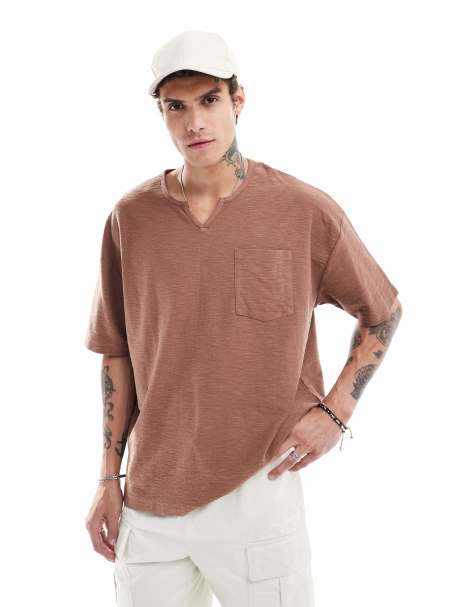 ASOS DESIGN relaxed t-shirt with v-neck and front pocket in brown - view 1