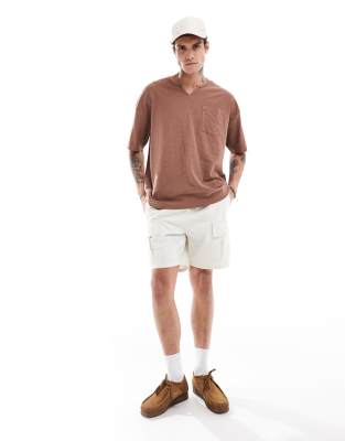 Asos Design Relaxed T-shirt With V-neck And Front Pocket In Brown