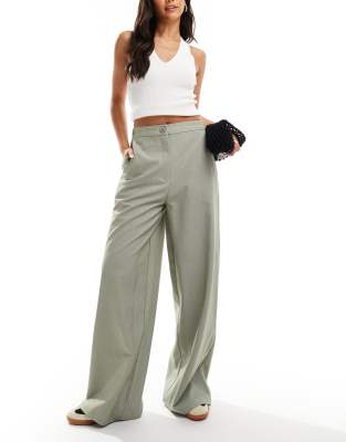 Asos Design Wrap Over Waist Pleated Wide Leg Pants In Sage-green