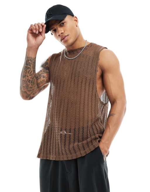 Asos Design Relaxed Tank In Brown Crochet Asos