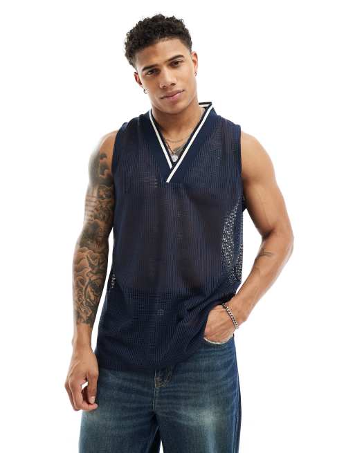 ASOS DESIGN relaxed tank in navy crochet