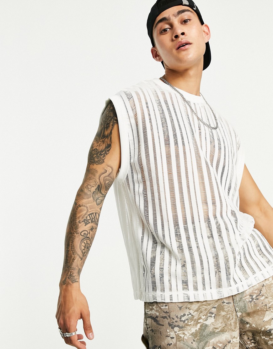 ASOS DESIGN relaxed tank in off white laddered mesh-Brown