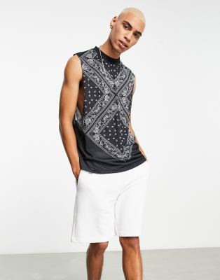 Asos Design Relaxed Tank Top In Black With All Over Bandana Print 