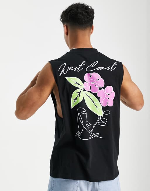 ASOS DESIGN relaxed tank top in black with line drawing back print, 2 of 4