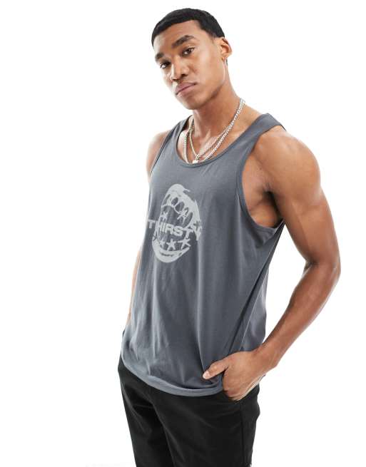 ASOS DESIGN relaxed tank top in dark gray with mouth text print 