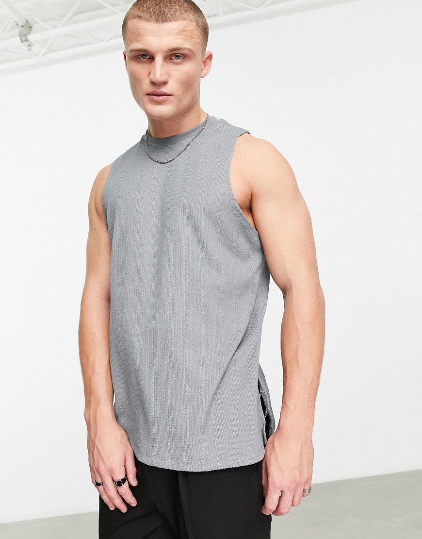 ASOS DESIGN relaxed tank top in gray texture with side buckles-Black