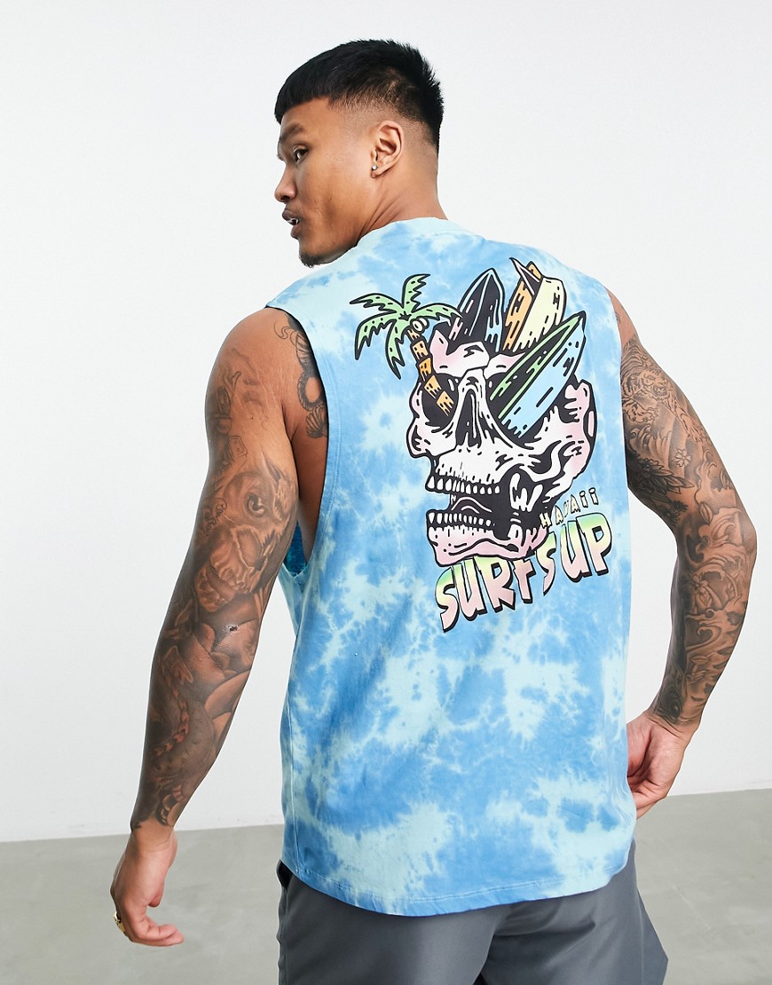 ASOS DESIGN relaxed tank top in tie dye with surf back print-Blue