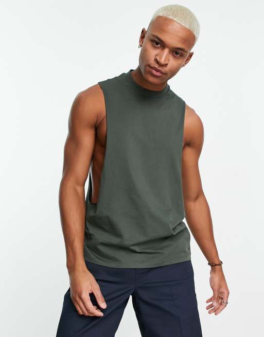 ASOS DESIGN relaxed tank top with dropped armhole in khaki 