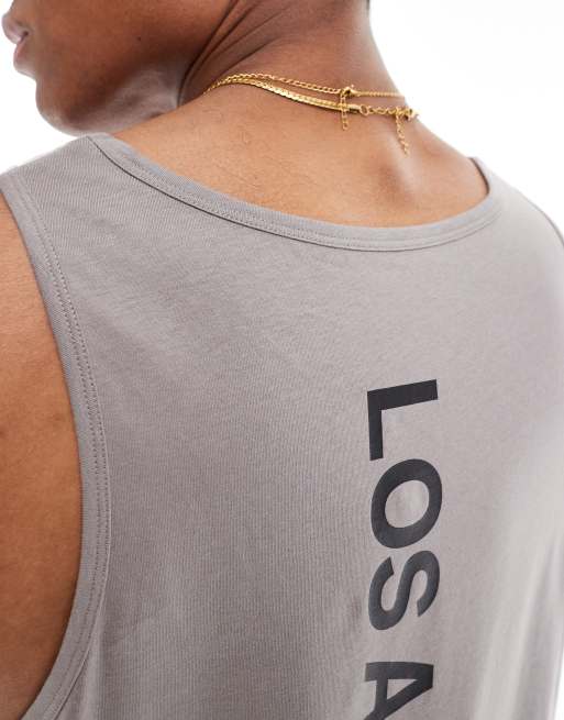 ASOS DESIGN relaxed tank top with scoop neck in gray with Los Angeles spine print 