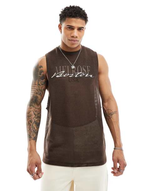 ASOS DESIGN relaxed tank vest in brown open mesh with Boston print - view 1