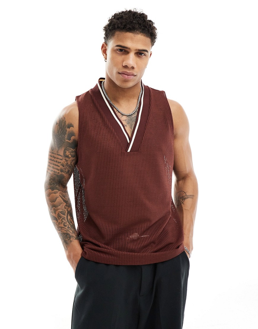 ASOS DESIGN relaxed tank vest with V neck in brown crochet